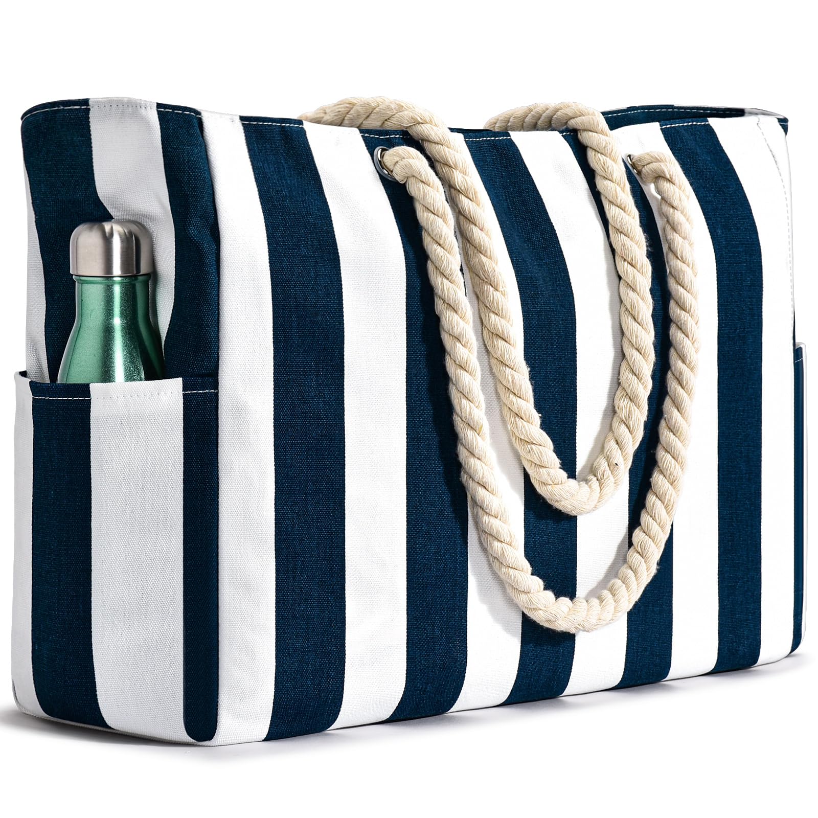 Sac de Plage Becokan pour Femmes, Sac de Piscine Étanche et Anti-sable, Grand Sac de Plage avec Fermeture Éclair et Motif Rayé