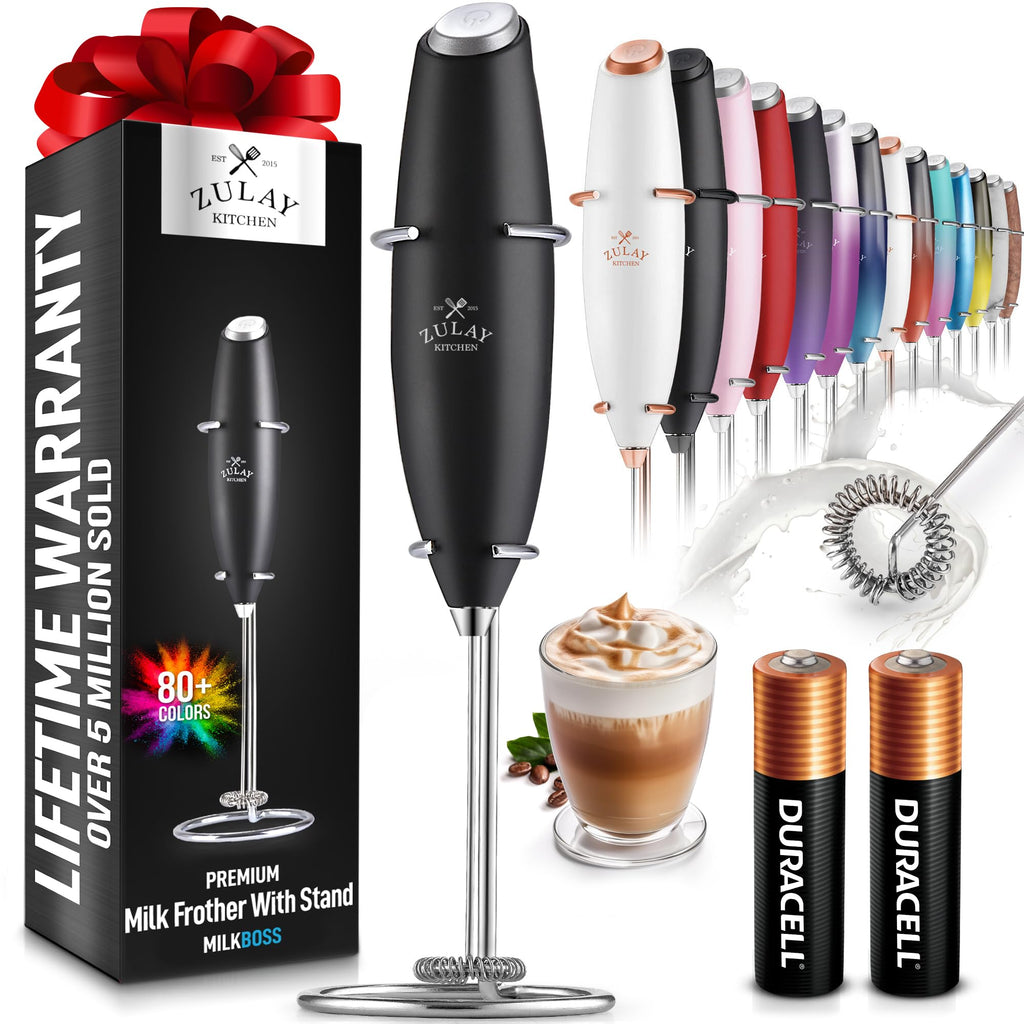 Fouet à Lait Puissant Zulay Kitchen avec 2 Piles Duracell - Mixeur à Boissons Portatif Ultra Rapide - Batteur à Mousse Électrique pour Café Latte, Cappuccino, Matcha, Chocolat Chaud & Crémier - Noir