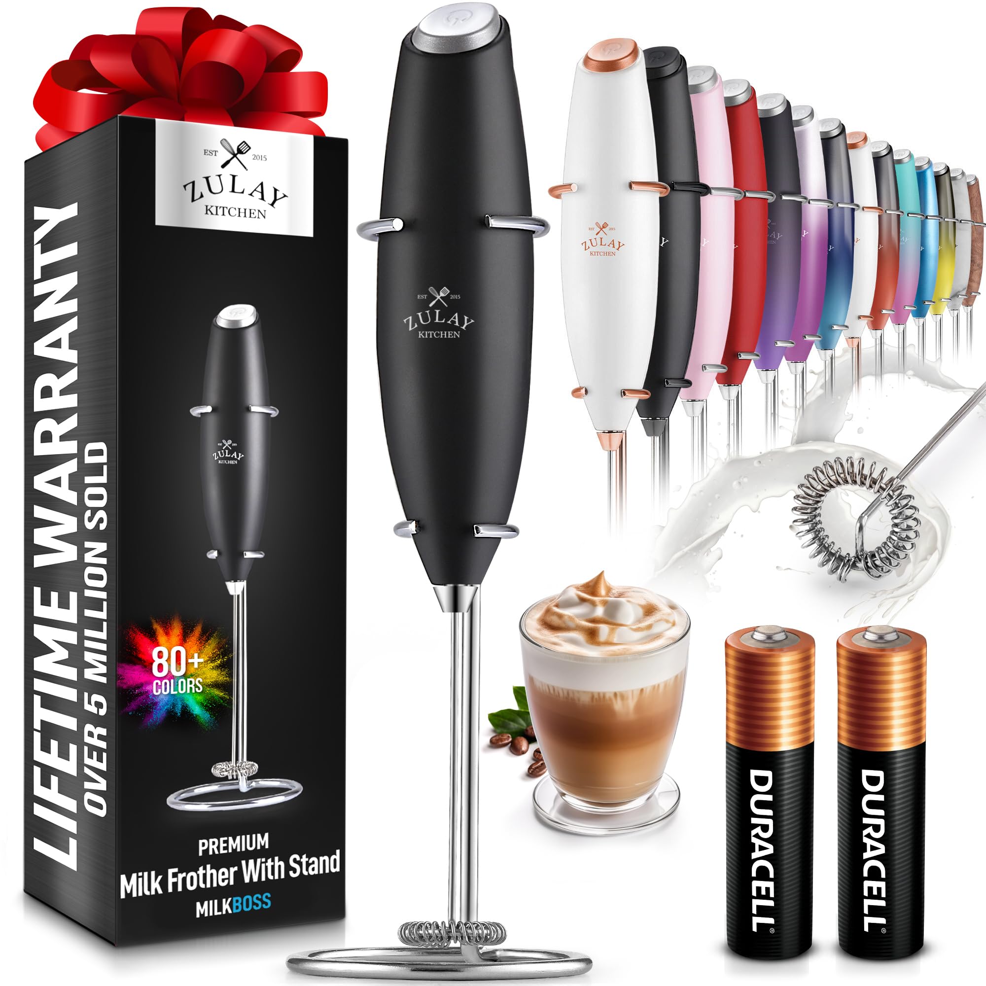 Fouet à Lait Puissant Zulay Kitchen avec 2 Piles Duracell - Mixeur à Boissons Portatif Ultra Rapide - Batteur à Mousse Électrique pour Café Latte, Cappuccino, Matcha, Chocolat Chaud & Crémier - Noir