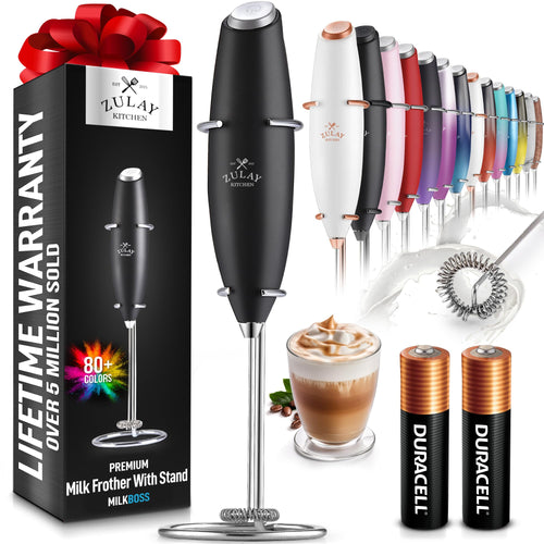 Fouet à Lait Puissant Zulay Kitchen avec 2 Piles Duracell - Mixeur à Boissons Portatif Ultra Rapide - Batteur à Mousse Électrique pour Café Latte, Cappuccino, Matcha, Chocolat Chaud & Crémier - Noir